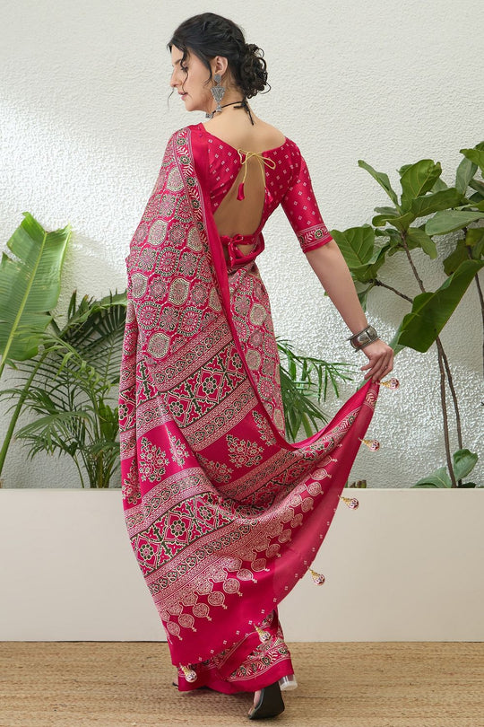 Anouk Pink Modal Classic Ajrakh Printed Ready to Wear One Minute Saree