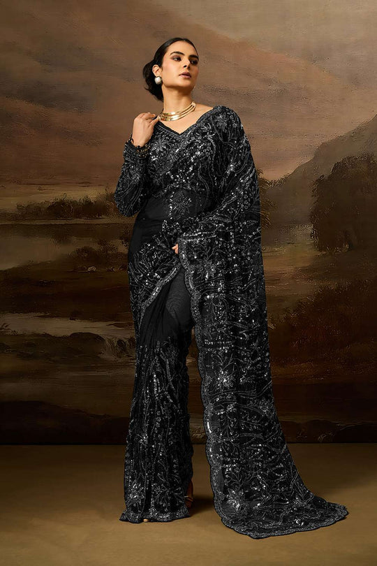 Orion Luxe Black Net Beaded Sequin Ready to Wear Saree