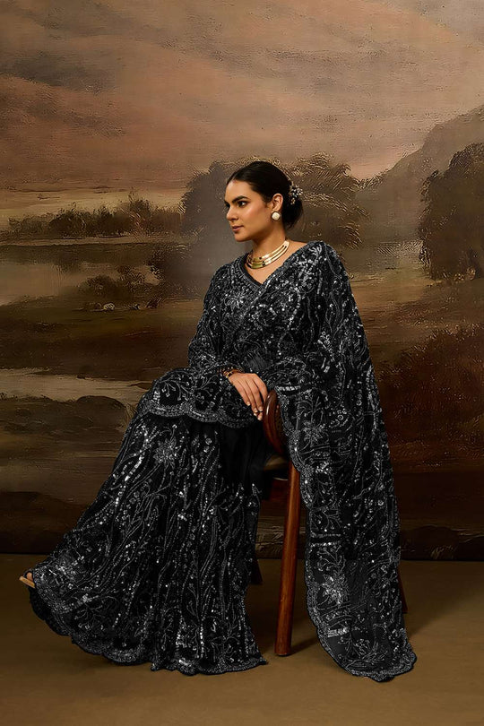 Orion Luxe Black Net Beaded Sequin Ready to Wear Saree