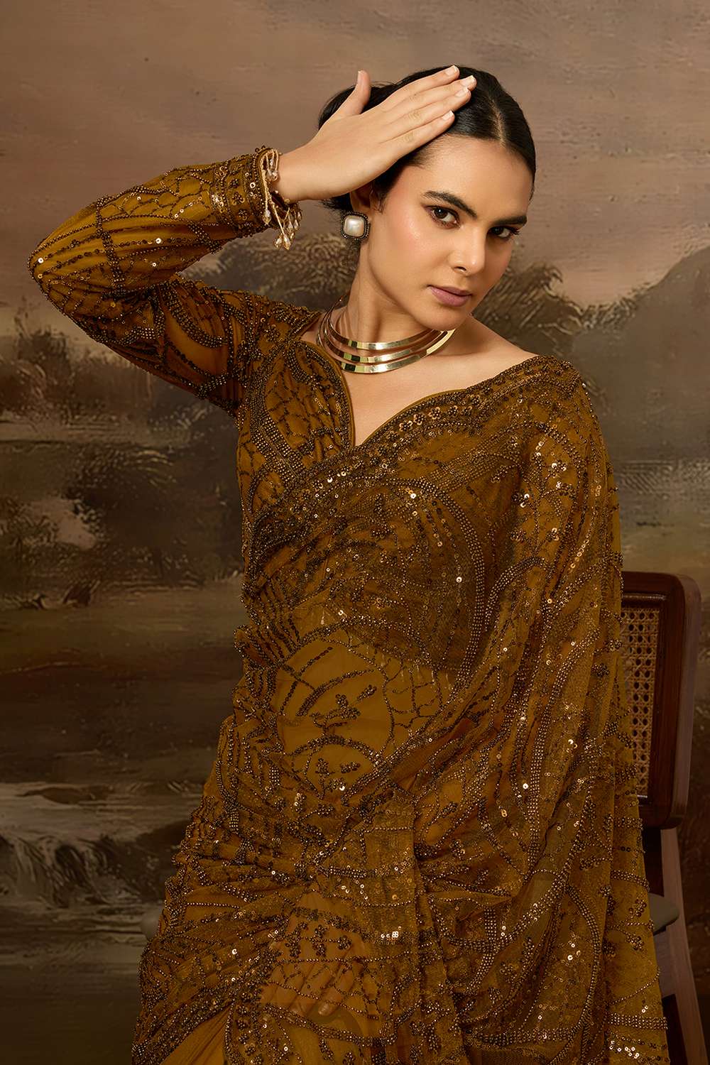 Briana Luxe Bronze Brown Net Beaded Sequin  Ready to Wear Saree