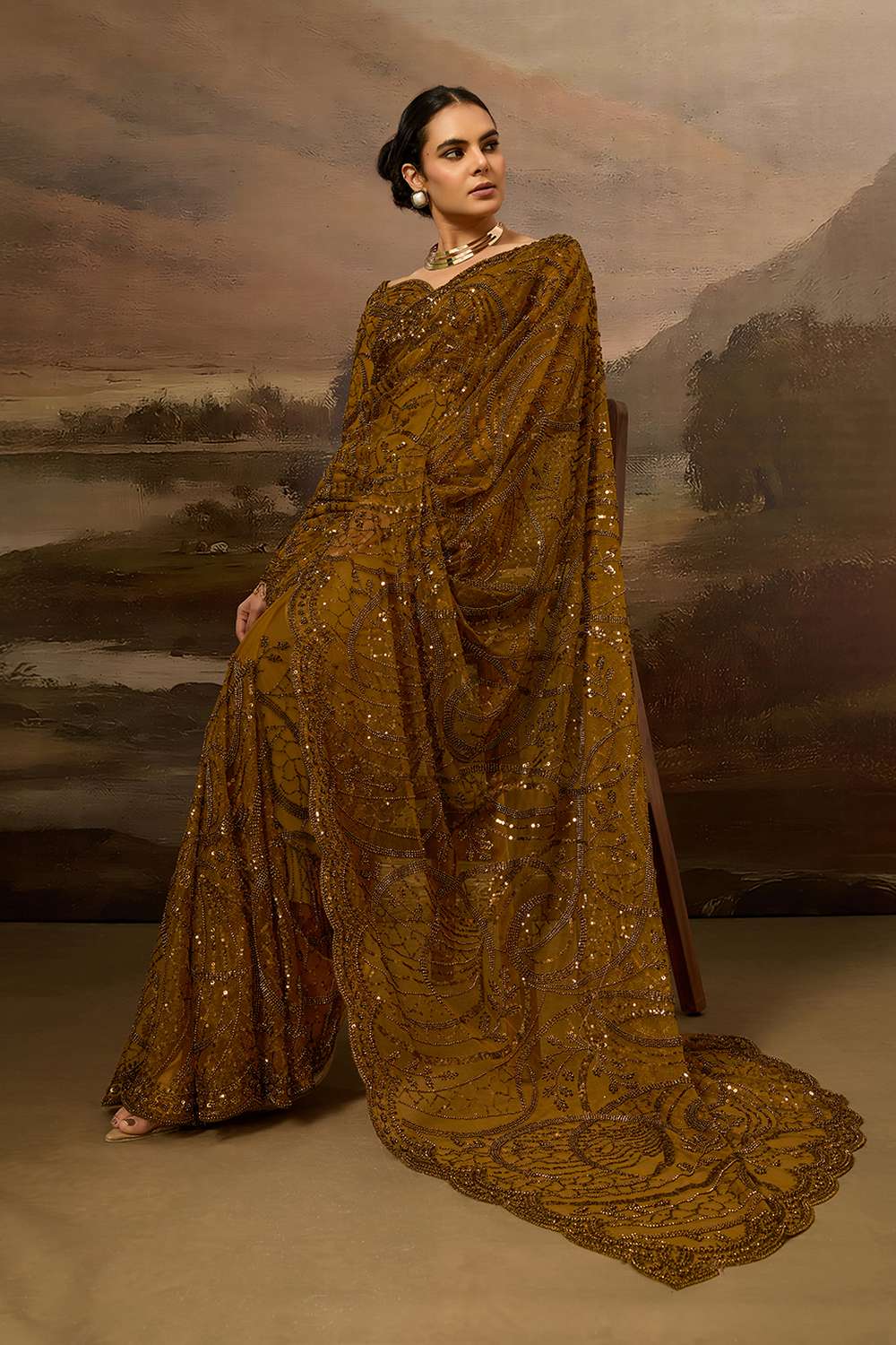 Briana Luxe Bronze Brown Net Beaded Sequin  Ready to Wear Saree