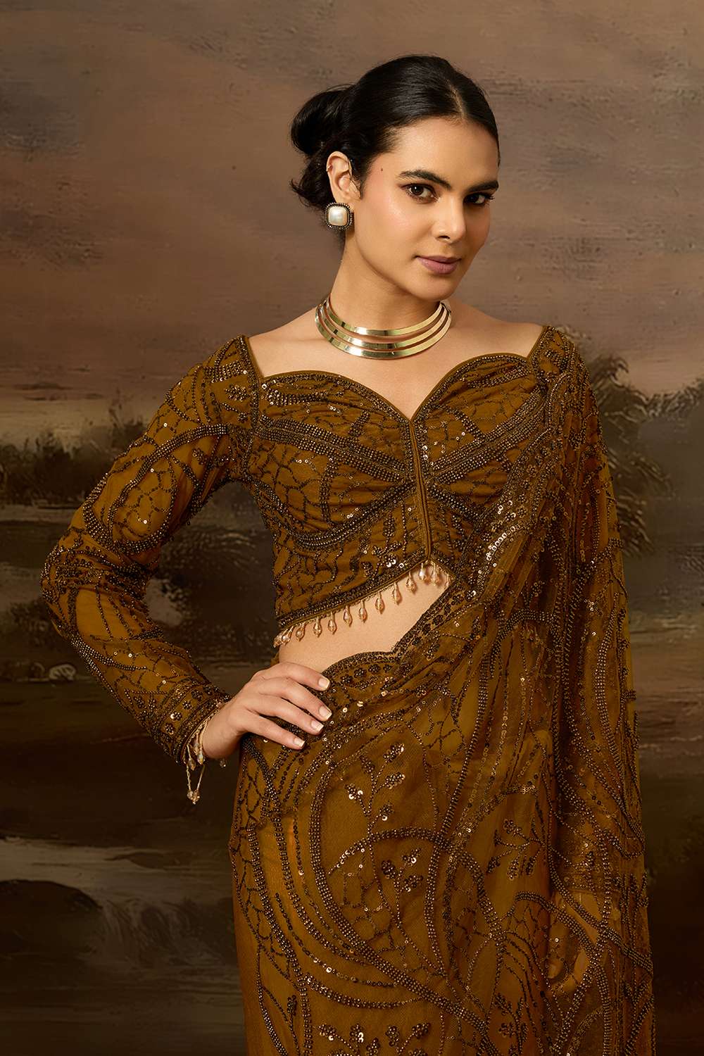 Briana Luxe Bronze Brown Net Beaded Sequin  Ready to Wear Saree