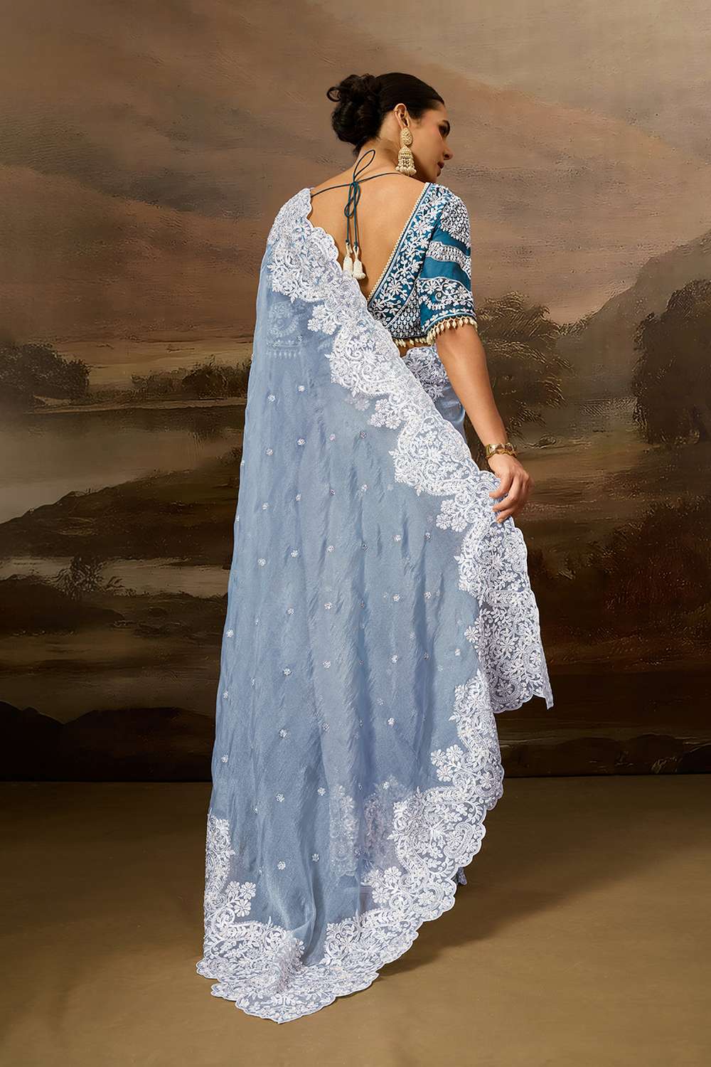 Lorna Sky Blue Tissue Organza White Embroidered Border One Minute Saree