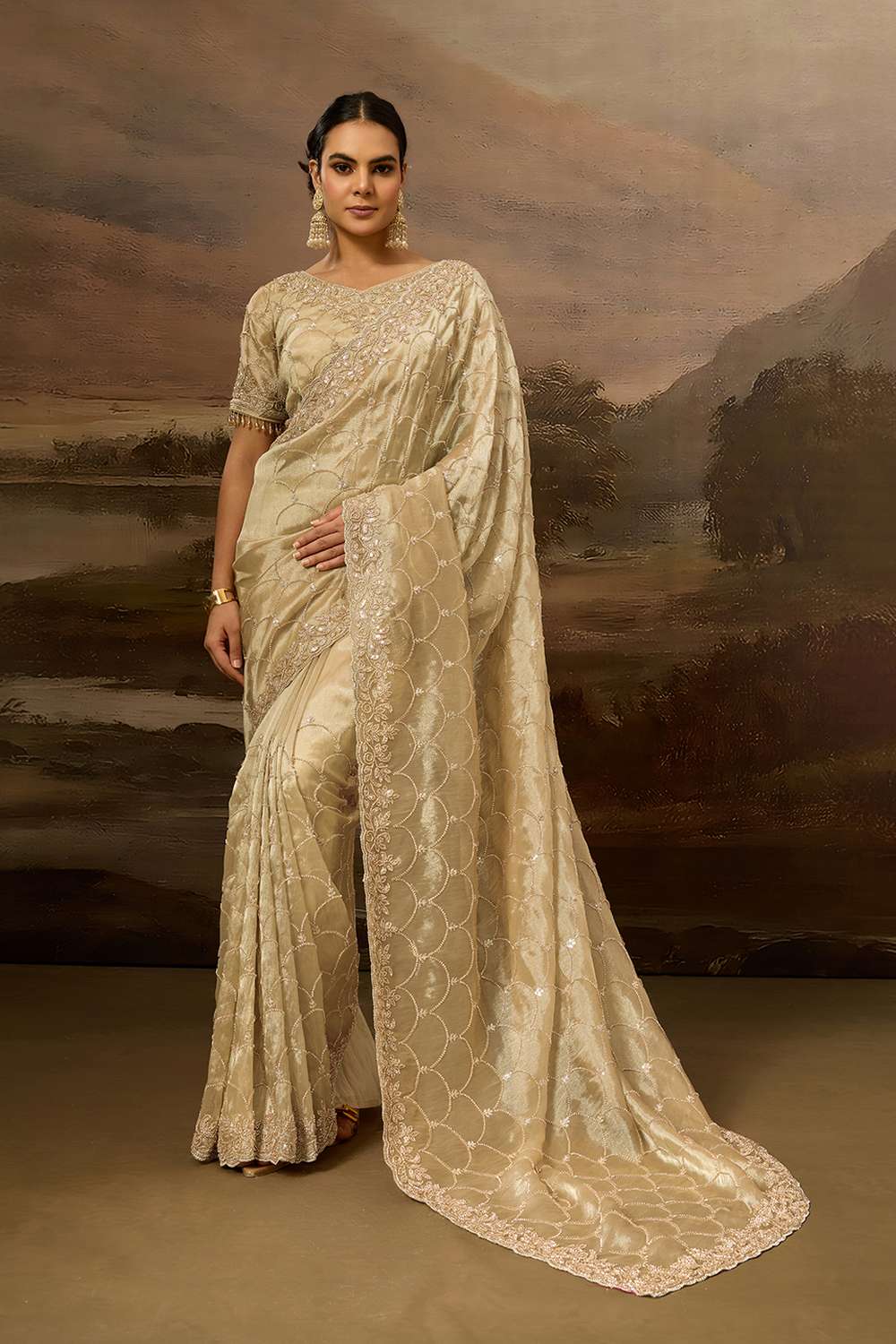 Kylie Luxe Gold Tissue Organza Beaded Sequin Ready to Wear Saree