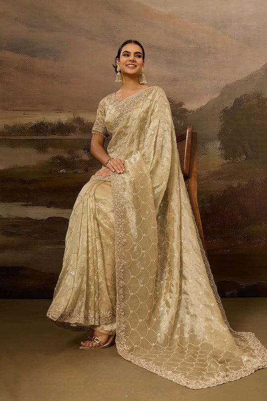 Kylie Luxe Gold Tissue Organza Beaded Sequin Ready to Wear Saree