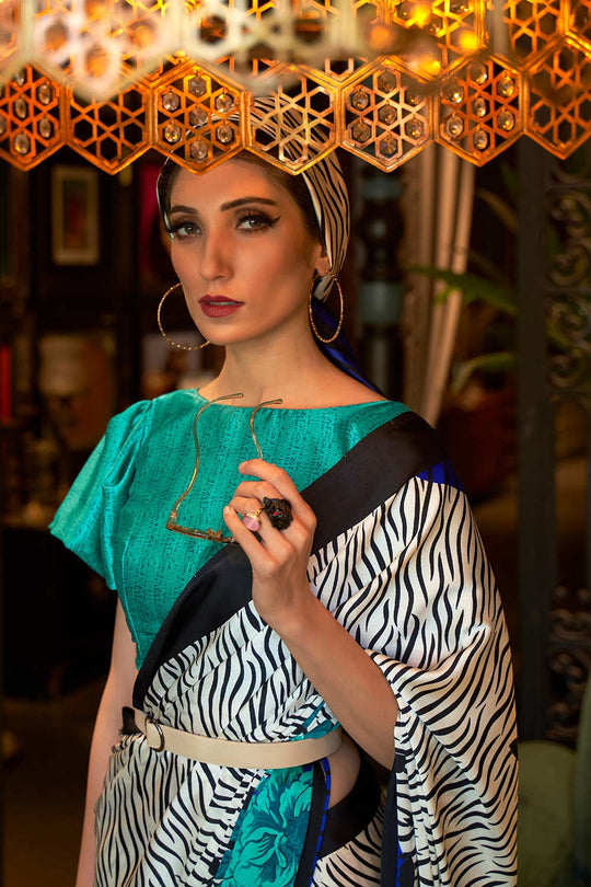 Naia White & Blue Floral Print Satin One Minute Saree