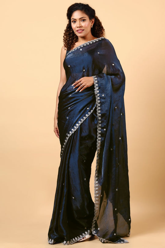 Mira Navy Blue Paper Silk Embroidered Ready to Wear One Minute Saree