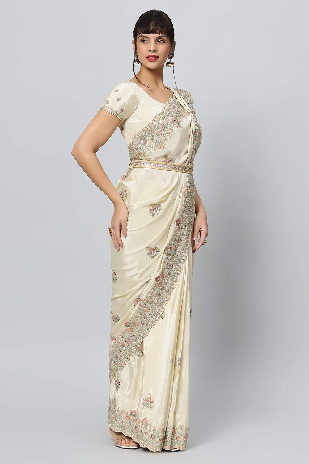 Noor Cream Royal Embroidered Crepe One Minute Saree