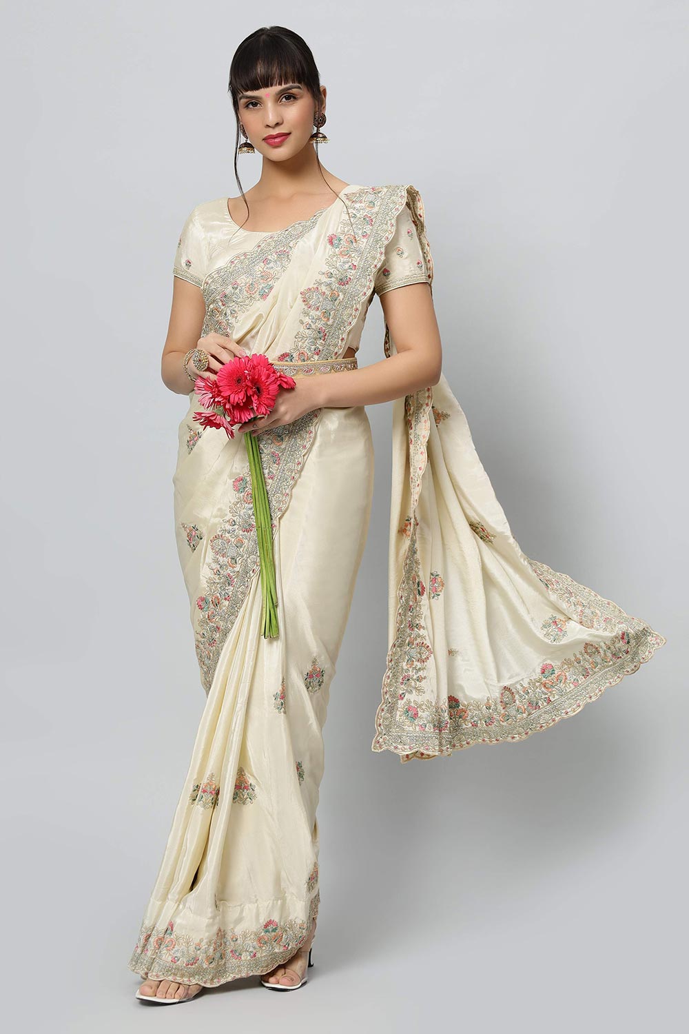 Noor Cream Royal Embroidered Crepe One Minute Saree