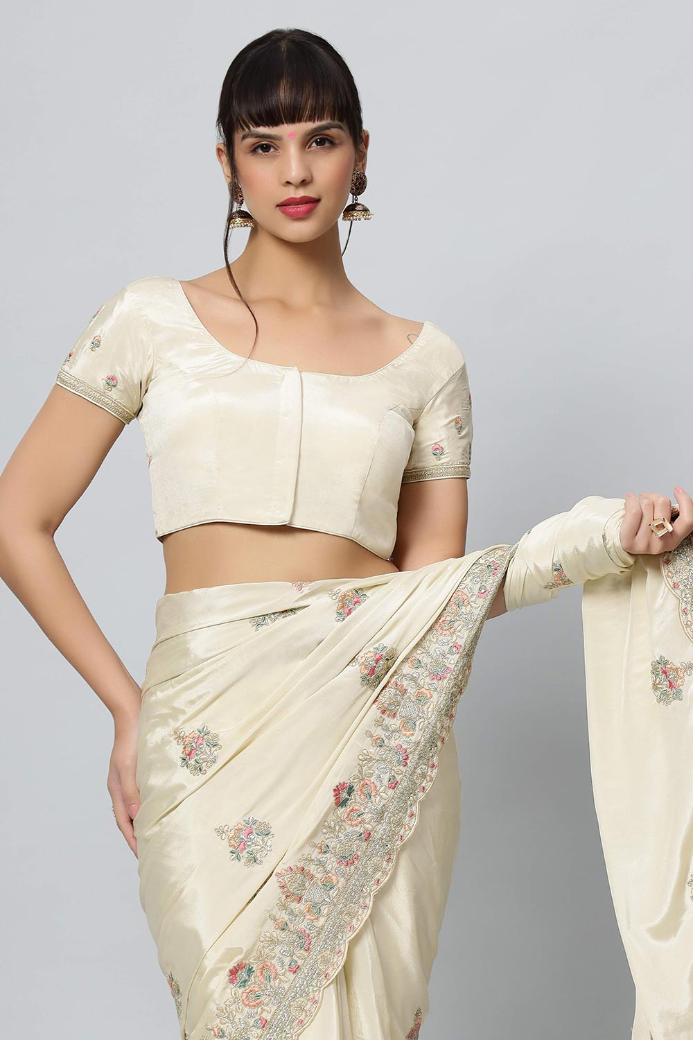 Noor Cream Royal Embroidered Crepe One Minute Saree