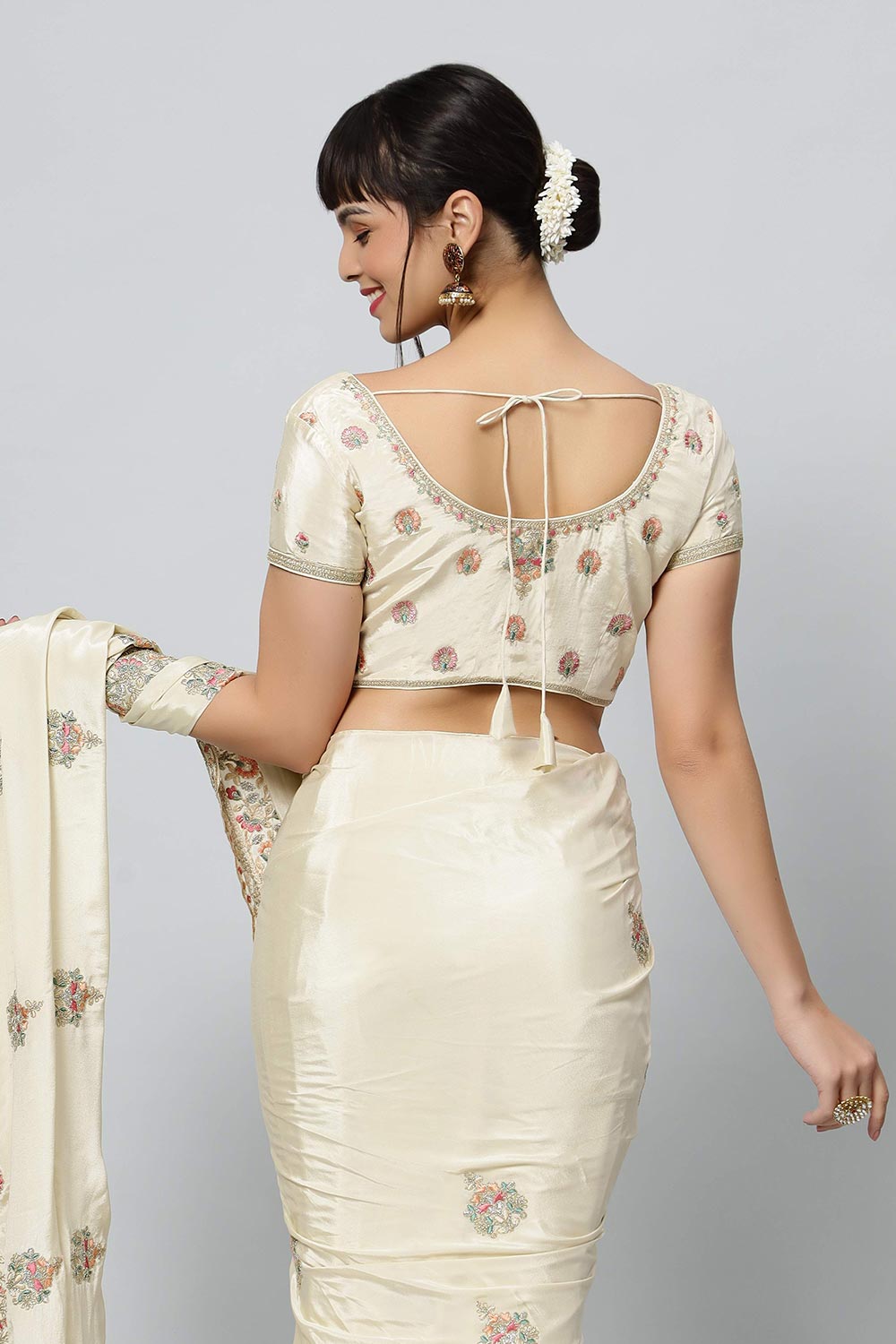 Noor Cream Royal Embroidered Crepe One Minute Saree