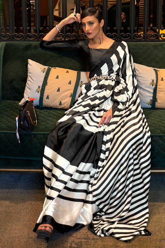 Naia White Stripe Satin One Minute Saree