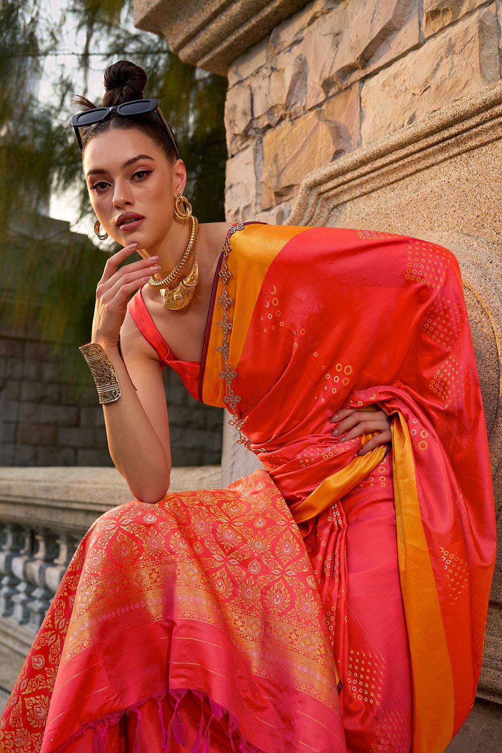 Giselle Soft Satin Silk Orange Satin  One Minute Saree