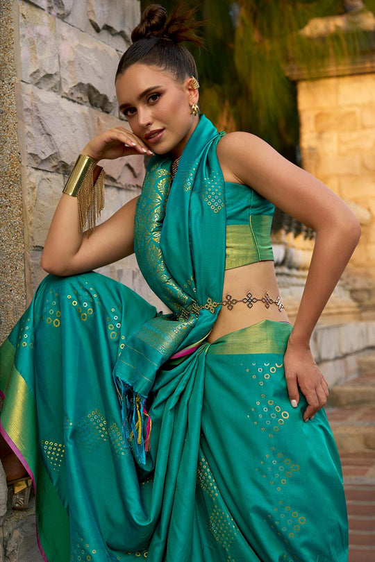 Giselle Soft Satin Silk Teal Satin  One Minute Saree