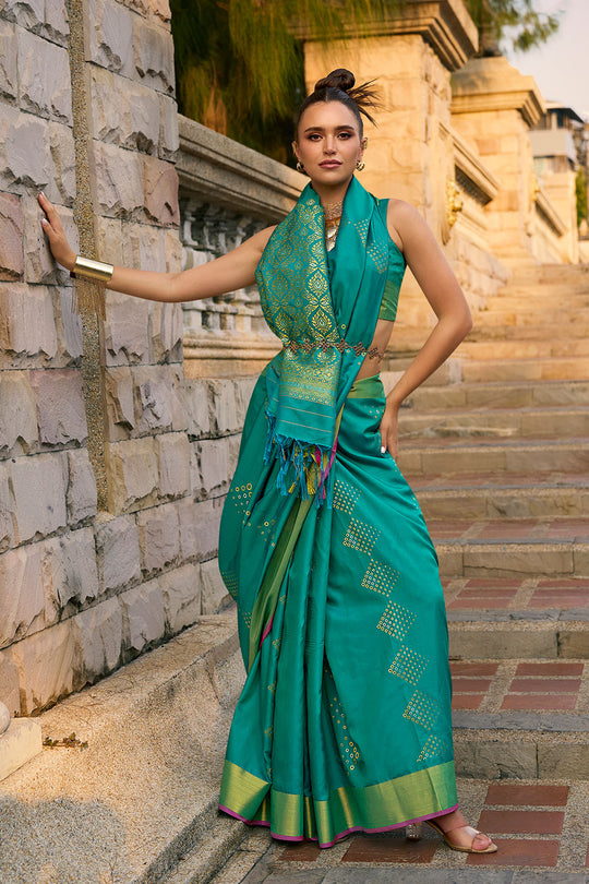 Giselle Soft Satin Silk Teal Satin  One Minute Saree