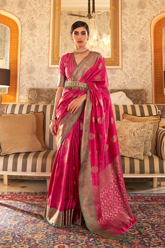 Aarya Pink Handloom Weaving Silk One Minute Saree