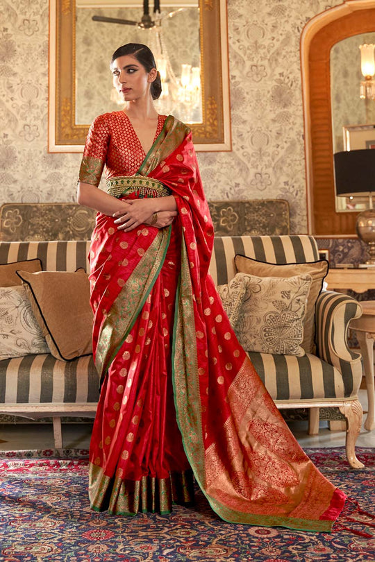 Aarya Red Handloom Weaving Silk One Minute Saree
