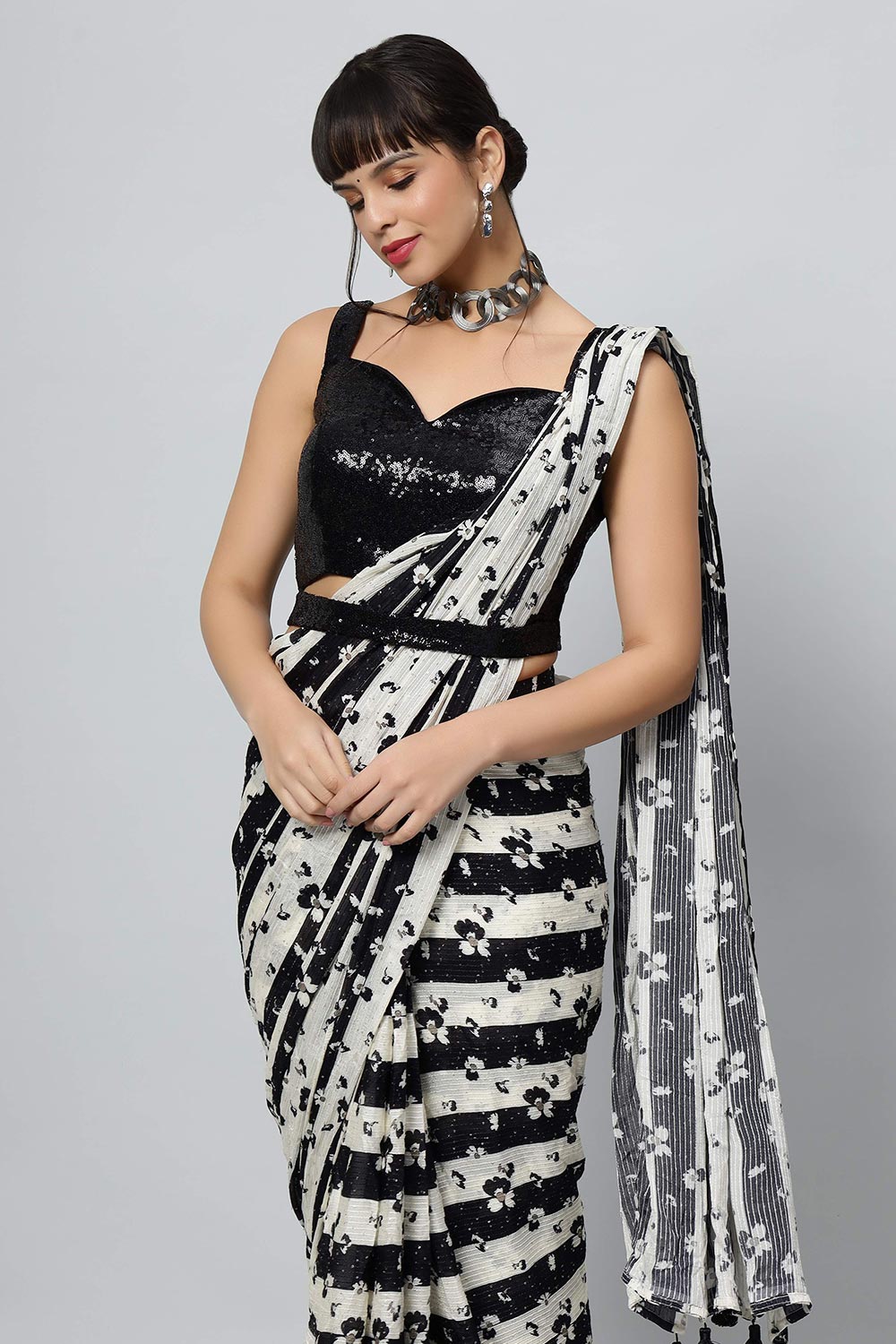 Mira Black Georgette Stripered with Sequins Ready to Wear One Minute Saree