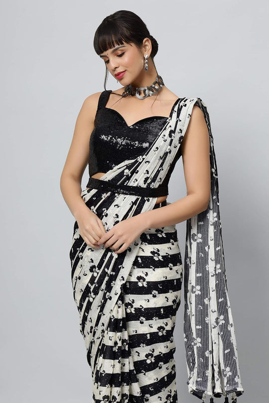 Mira Black Georgette Stripered with Sequins Ready to Wear One Minute Saree