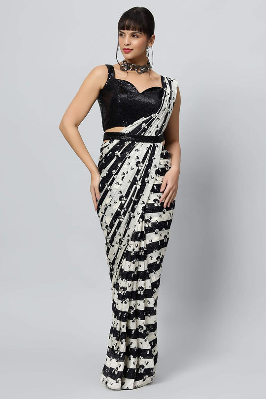 Mira Black Georgette Stripered with Sequins Ready to Wear One Minute Saree