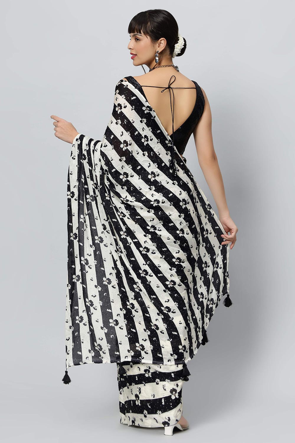 Mira Black Georgette Stripered with Sequins Ready to Wear One Minute Saree