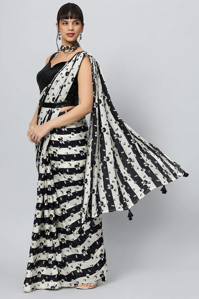 Mira Black & Off-White Stripes Georgette with Sequins One Minute Saree