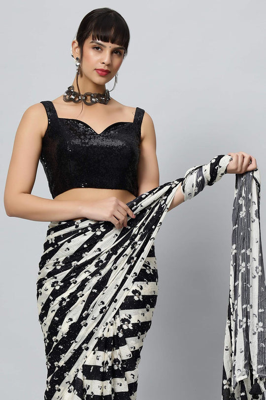 Mira Black Georgette Stripered with Sequins Ready to Wear One Minute Saree