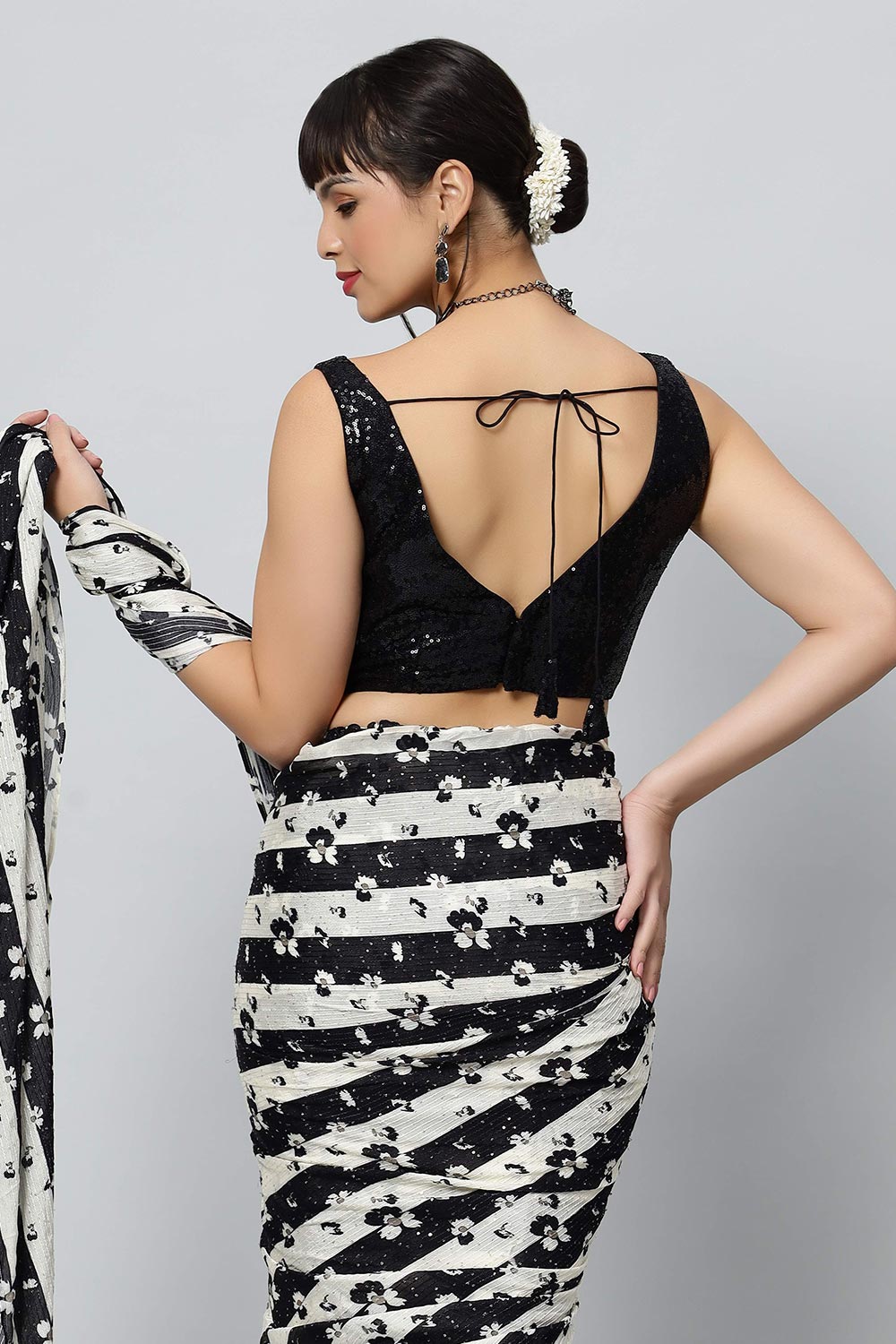 Mira Black Georgette Stripered with Sequins Ready to Wear One Minute Saree