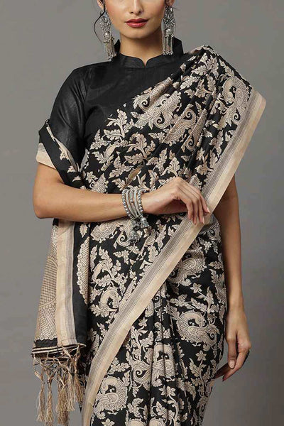 Zoya Bhagalpuri Silk Black Printed Designer One Minute Saree