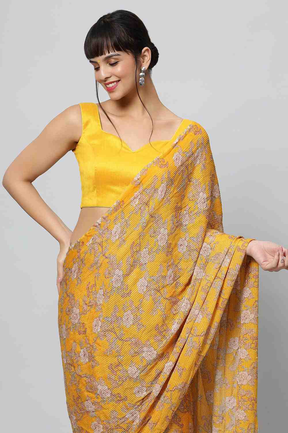 Sienna Mustard Georgette Floral Sequins Ready to Wear One Minute Saree