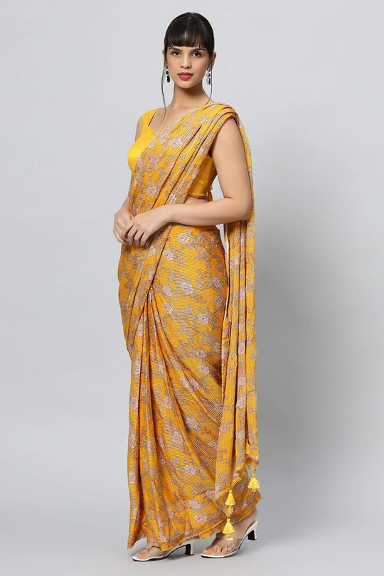 Sienna Mustard Georgette Floral Sequins Ready to Wear One Minute Saree