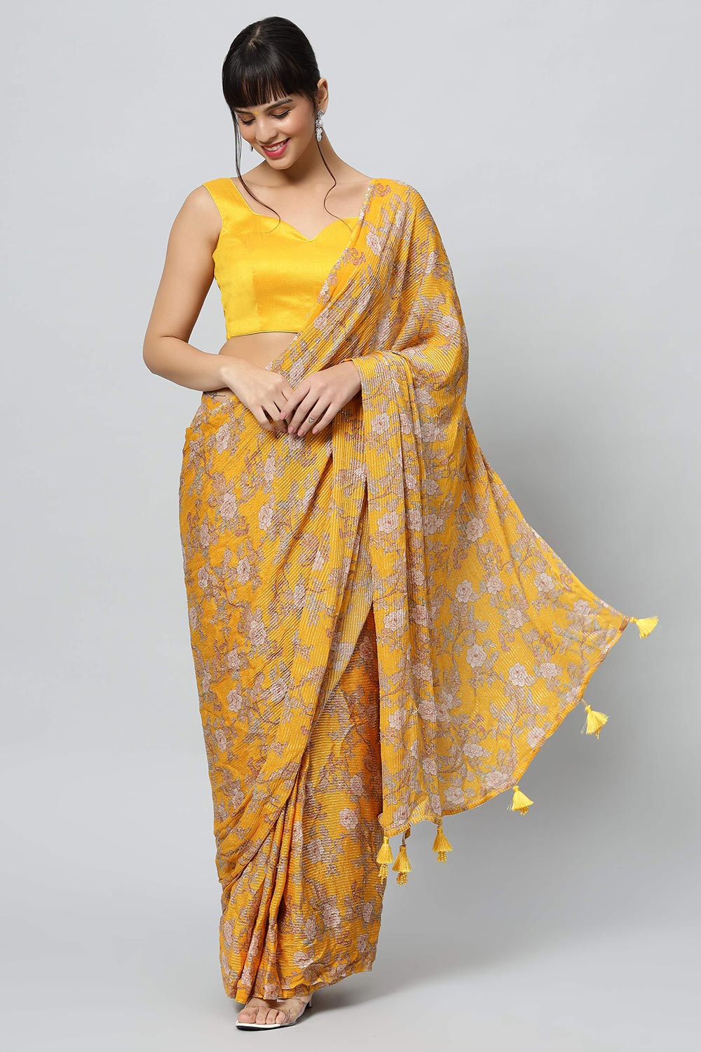 Sienna Mustard Georgette Floral Sequins Ready to Wear One Minute Saree
