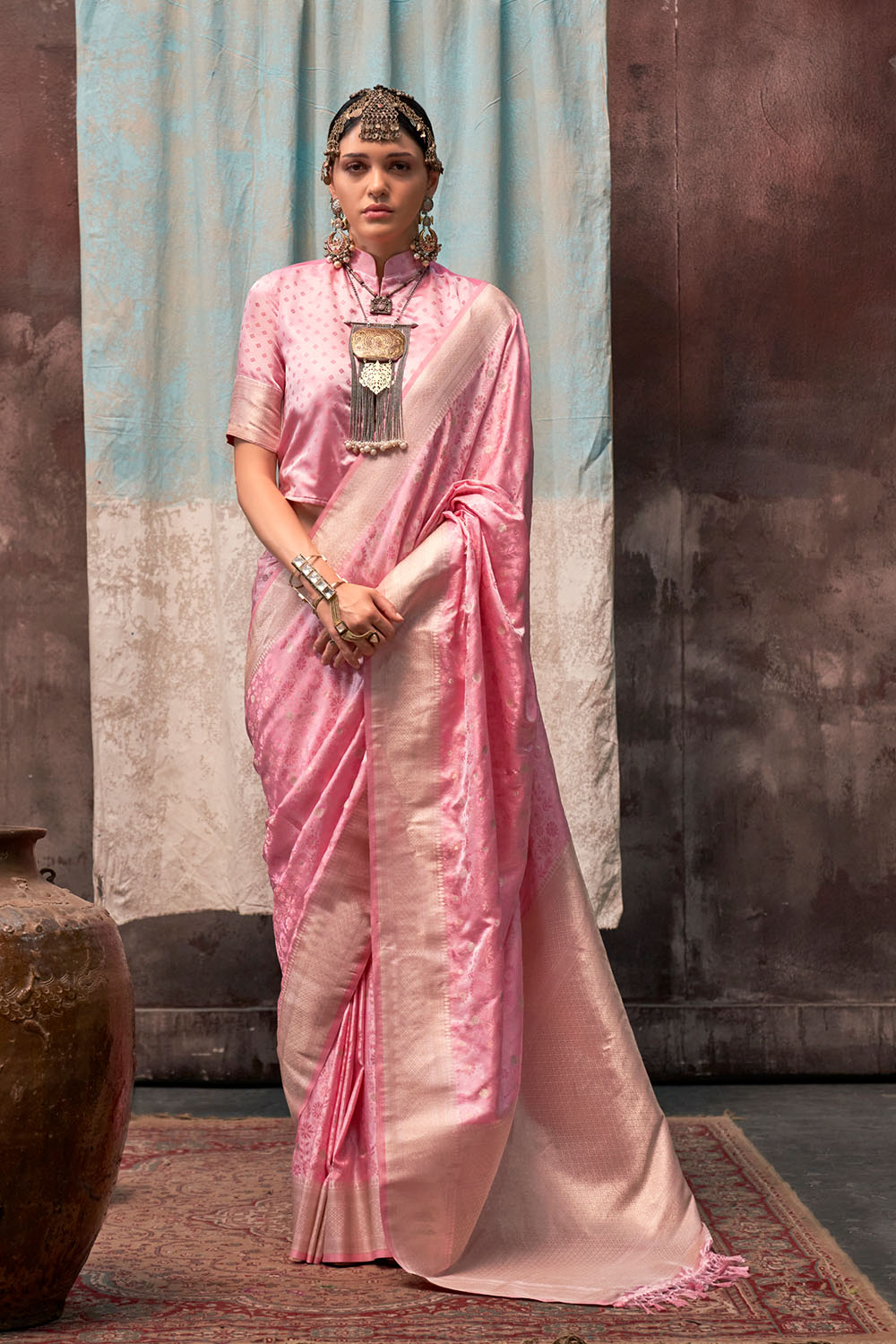 Oshan Pink Satin Woven Ready to Wear One Minute Saree