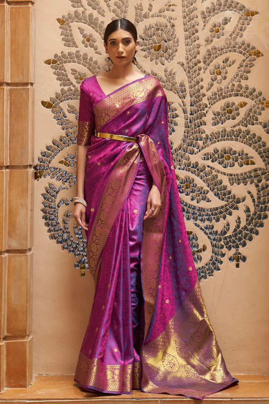 Ana Purple Silk Foil Print Lace One Minute Saree