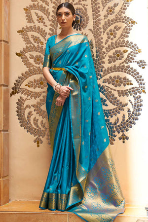 Adina Blue Silk Foil Print Lace One Minute Saree