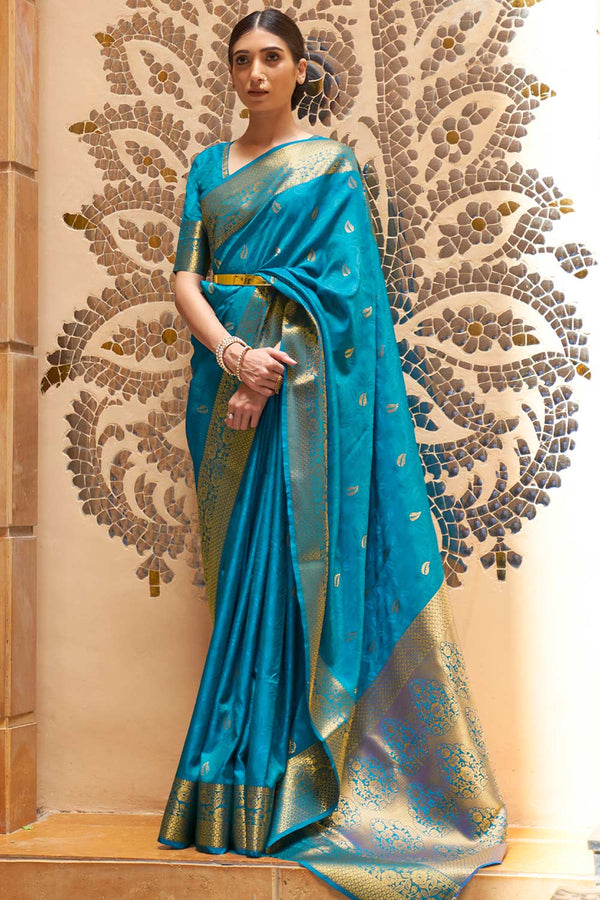 Adina Blue Silk Foil Print Lace One Minute Saree