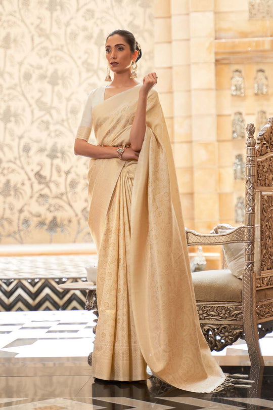 Ilona Beige Handloom Weaving Silk Saree One Minute Saree