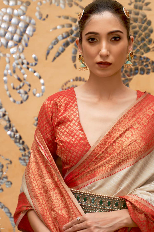 Indira Cream Silk Handloom Weaving One Minute Saree