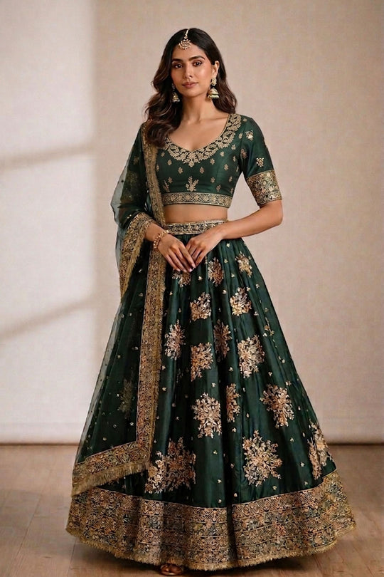 Emi Emerald Green Embroidered French Crepe Lehenga Saree