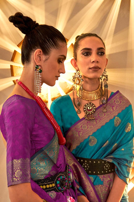 Aline Purple Art Silk Lace Foil-print One Minute Saree