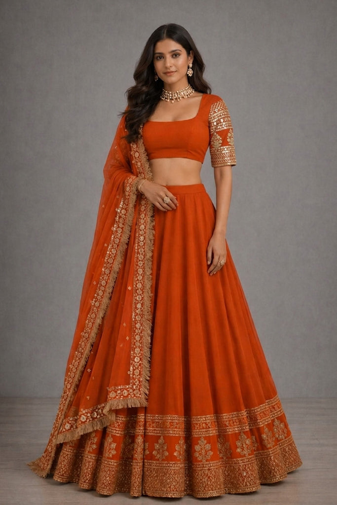Ria Rust Orange Zari & Sequin Embroidered Faux Georgette Lehenga Saree