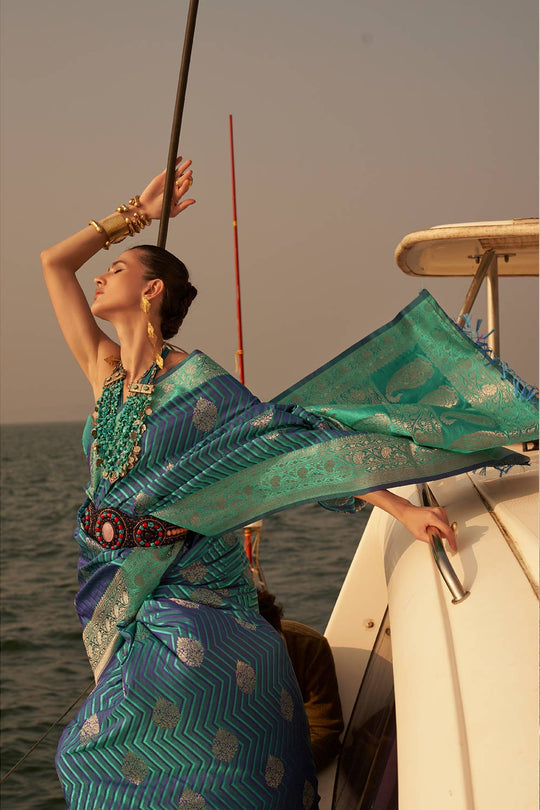 Deira Blue & Green Satin Nylon Two Tone Weaving One Minute Saree