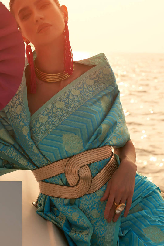 Deira Light Blue Satin Nylon Two Tone Weaving One Minute Saree