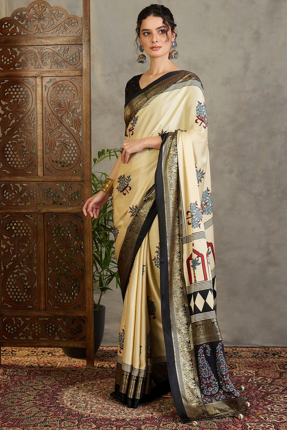 Sheila Cream Soft Modal Floral Printed &amp; Zari Woven Ready to Wear Saree