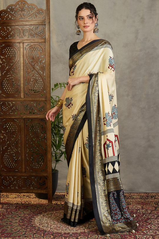 Sheila Cream Soft Modal Floral Printed &amp; Zari Woven Ready to Wear Saree