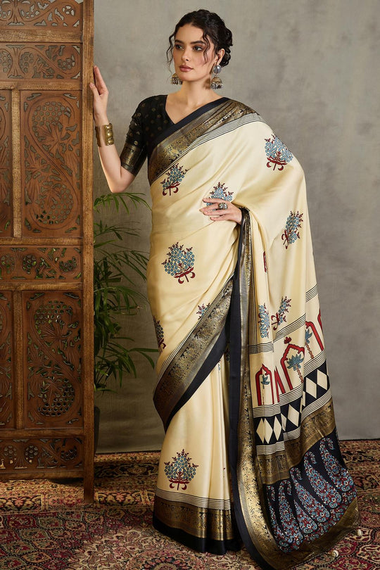 Sheila Cream Soft Modal Floral Printed &amp; Zari Woven Ready to Wear Saree