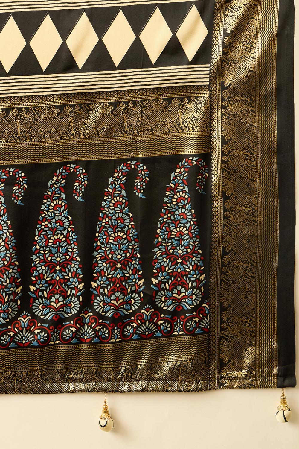 Sheila Cream Soft Modal Floral Printed &amp; Zari Woven Ready to Wear Saree