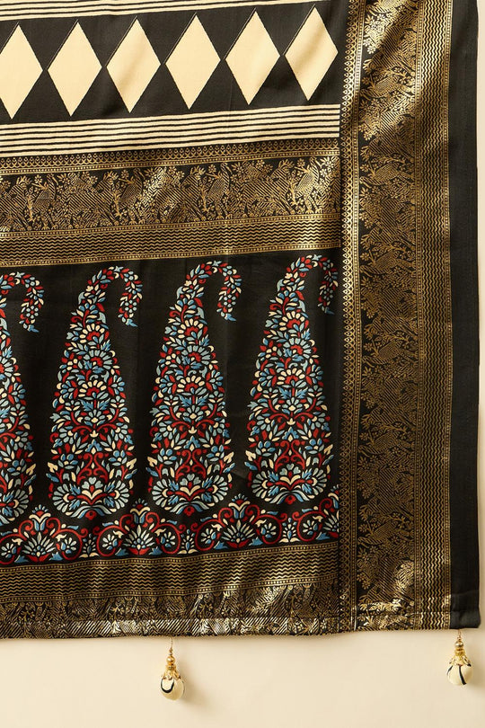 Sheila Cream Soft Modal Floral Printed &amp; Zari Woven Ready to Wear Saree