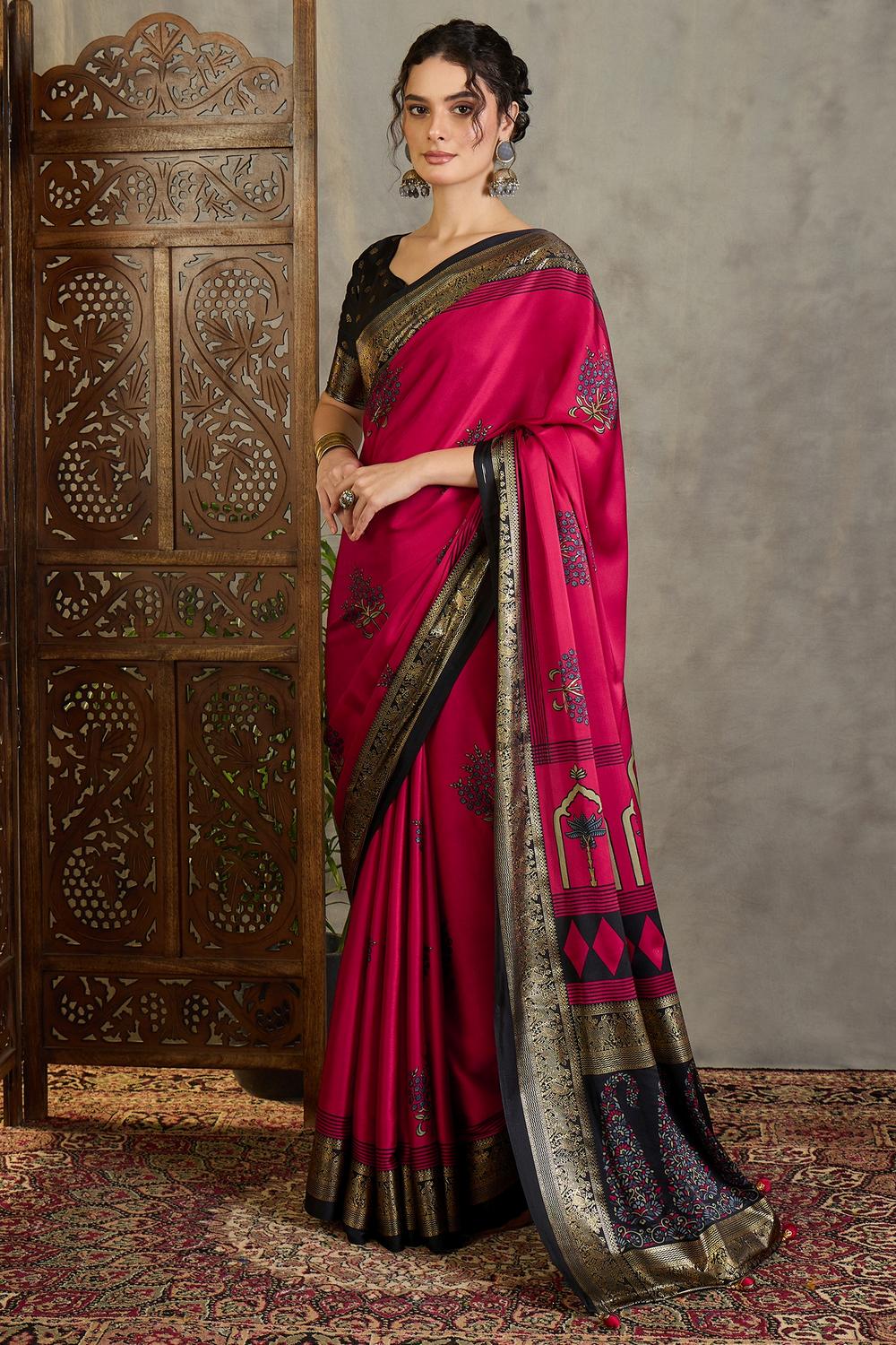 Sheila Red Soft Modal Floral Printed & Zari Woven Ready to Wear One Minute Saree