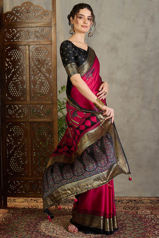 Sheila Red Soft Modal Floral Printed &amp; Zari Woven Ready to Wear One Minute Saree